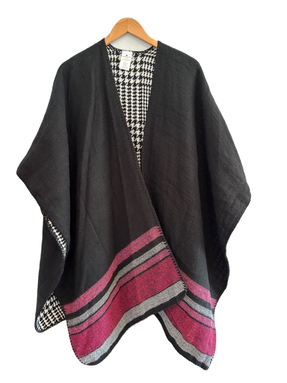 Woolrich Reversible Black Poncho Sweater with Pink Stripe Trim One Size